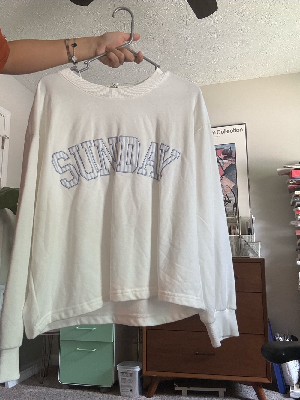 Happily Grey Ivory Pullover with Blue Outlined Lettering NWT